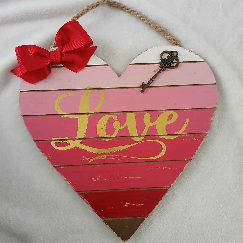 Valentines Wooden Heart Shaped Love Sign with Red Bow